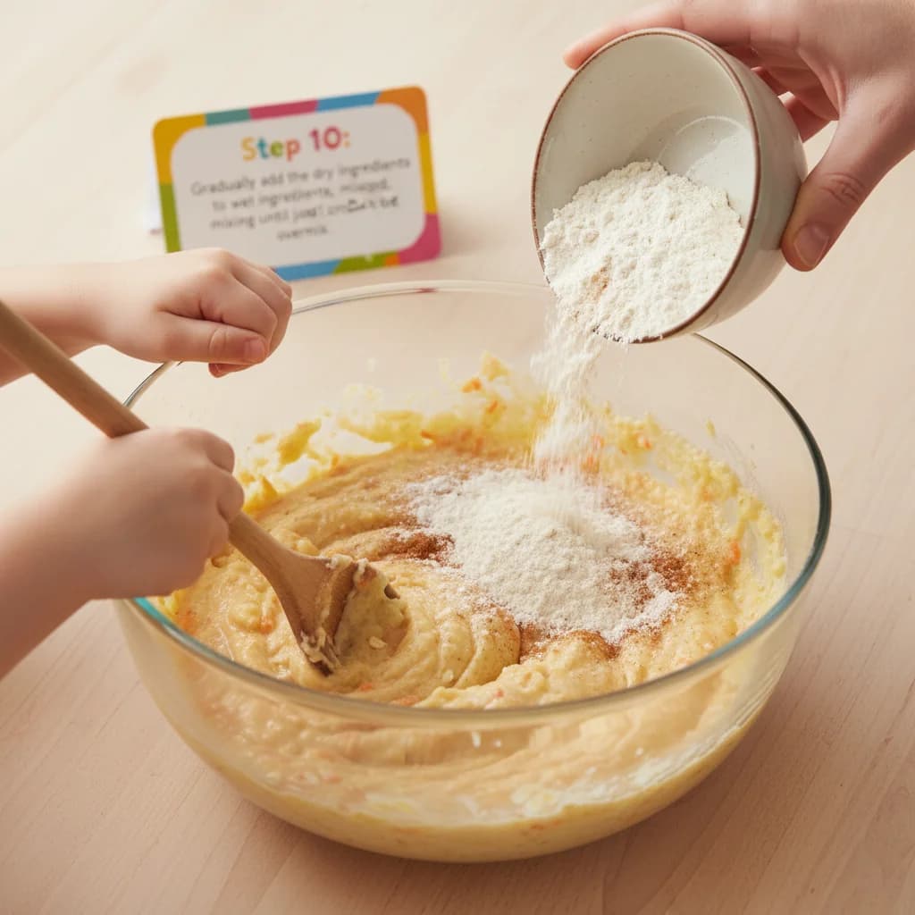 Step 10: Gradually add the dry ingredients to the wet ingredients, mixing until just combined. Do not overmix for ABC Mini Muffins: Apple, Banana, Carrot Bites!