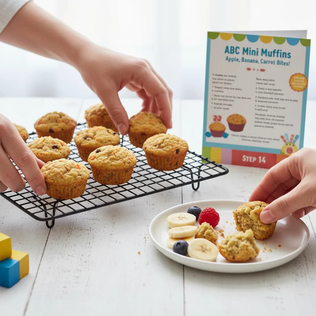 Step 14: Transfer the muffins to a wire rack to cool completely before serving. Break into small, manageable for ABC Mini Muffins: Apple, Banana, Carrot Bites!