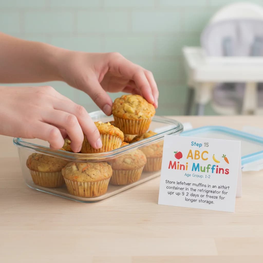 Step 15: Store leftover muffins in an airtight container in the refrigerator for up to 3 days or freeze for l for ABC Mini Muffins: Apple, Banana, Carrot Bites!