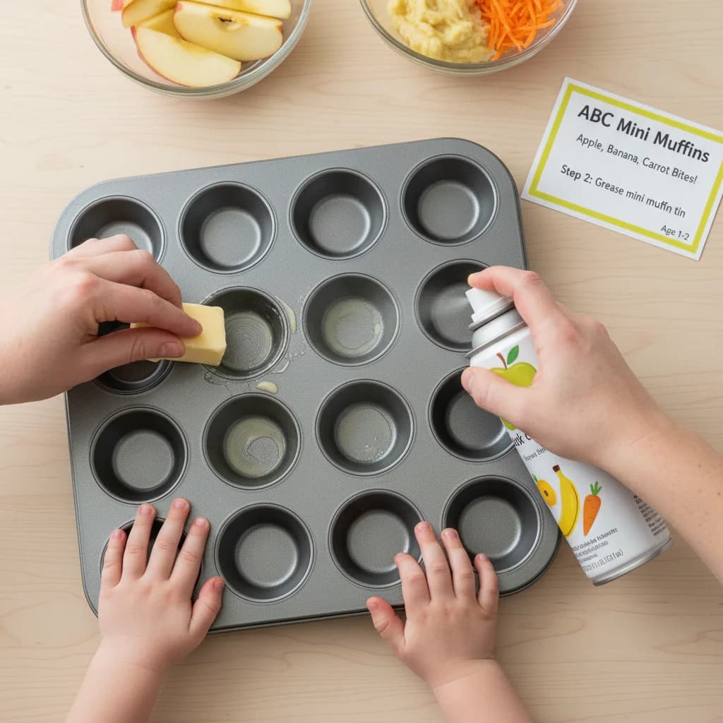 Step 2: Grease a mini muffin tin with butter or cooking spray to prevent sticking. for ABC Mini Muffins: Apple, Banana, Carrot Bites!