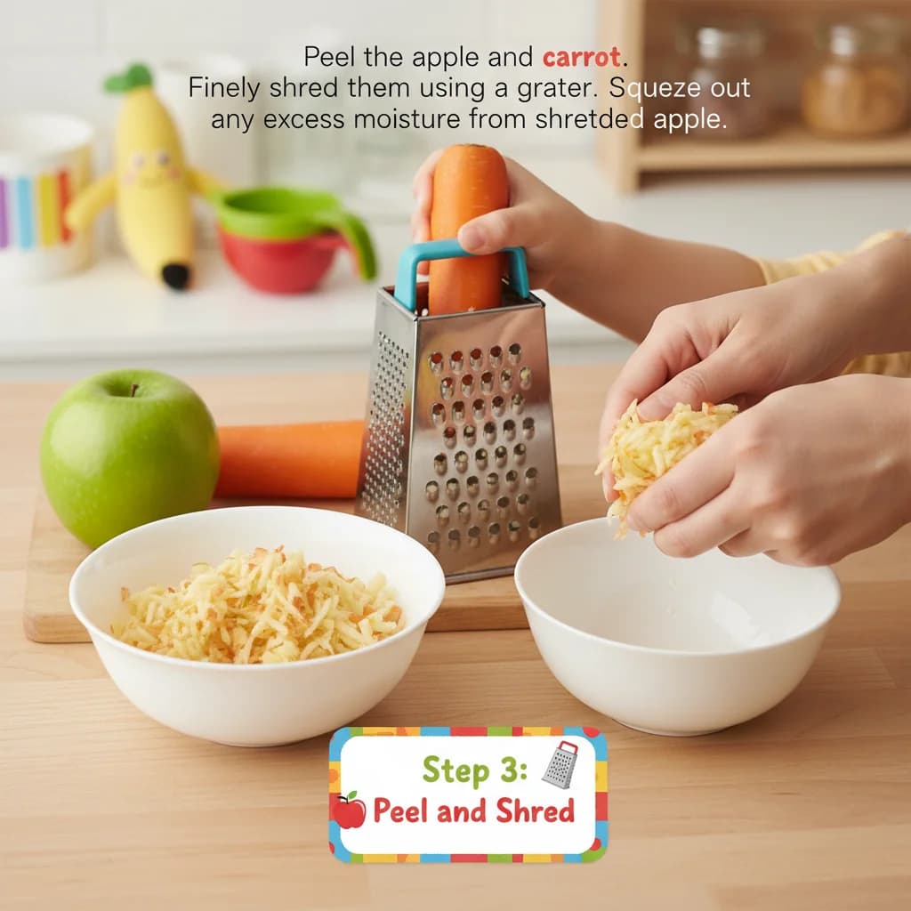 Step 3: Peel the apple and carrot. Finely shred them using a grater. Squeeze out any excess moisture from th for ABC Mini Muffins: Apple, Banana, Carrot Bites!