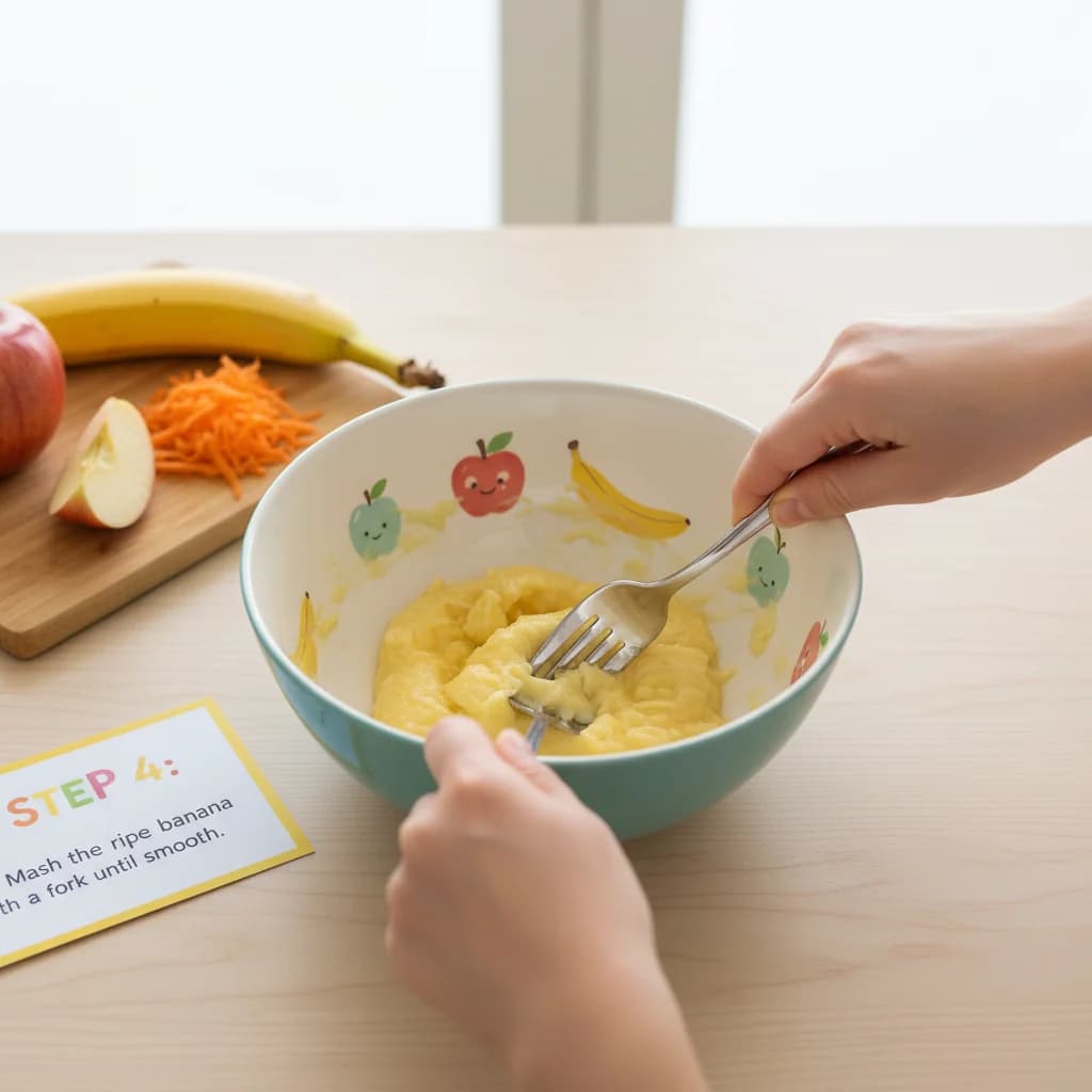 Step 4: In a mixing bowl, mash the ripe banana with a fork until smooth. for ABC Mini Muffins: Apple, Banana, Carrot Bites!