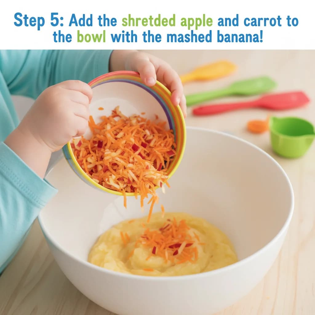 Step 5: Add the shredded apple and carrot to the bowl with the mashed banana. for ABC Mini Muffins: Apple, Banana, Carrot Bites!