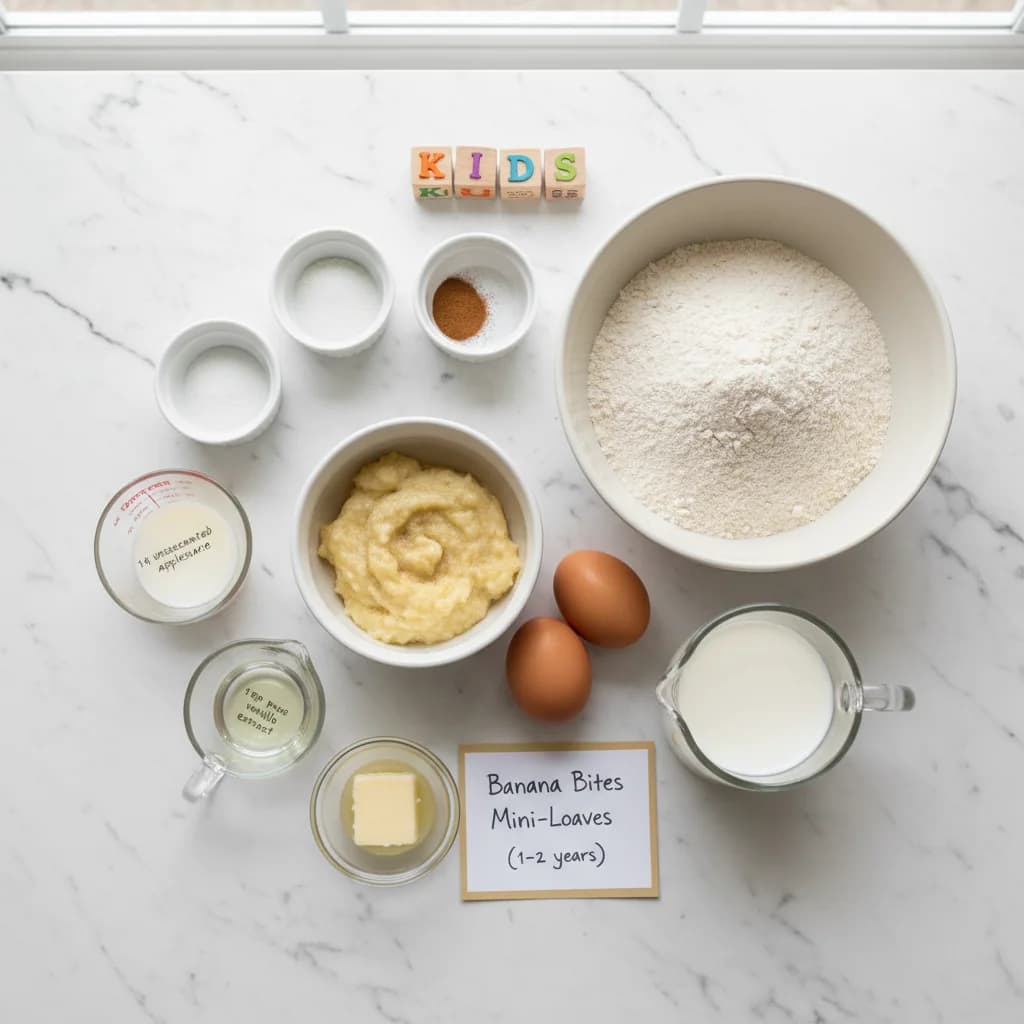 All ingredients needed for Banana Bites Mini-Loaves arranged on a clean surface