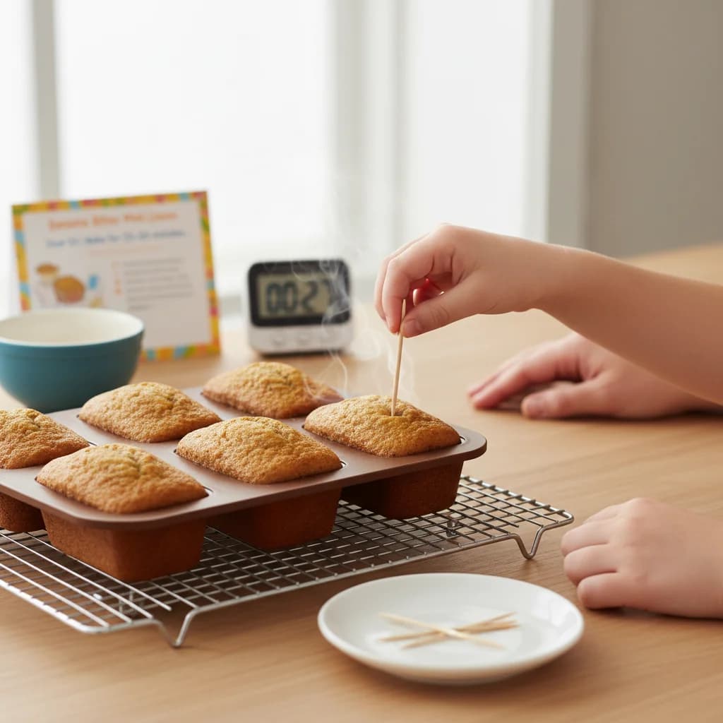 Step 10: Bake for 25-30 minutes for mini loaves (or 18-20 minutes for muffins), or until a toothpick inserted for Banana Bites Mini-Loaves