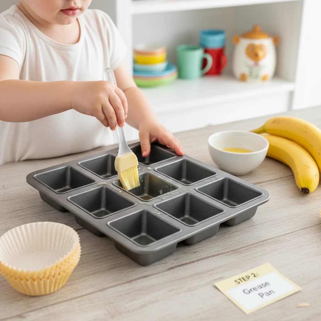Step 2: Grease a mini loaf pan (or muffin tin) very well to prevent sticking. You can also use parchment pap for Banana Bites Mini-Loaves