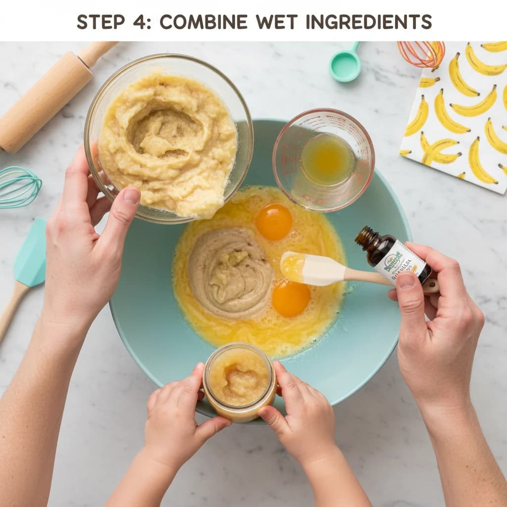 Step 4: Add the mashed bananas, unsweetened applesauce, melted butter (or coconut oil), and vanilla extract for Banana Bites Mini-Loaves