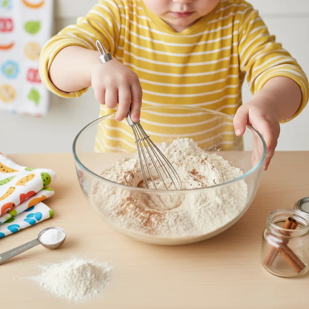 Step 6: In a separate bowl, whisk together the whole wheat flour, baking soda, baking powder, and cinnamon ( for Banana Bites Mini-Loaves