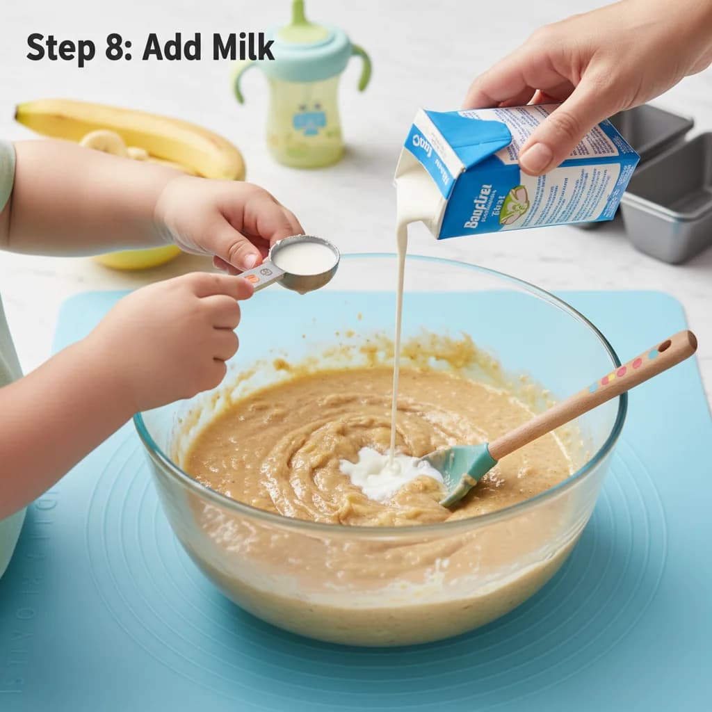 Step 8: If the batter seems too thick, add a tablespoon or two of milk (or almond milk) until it reaches a t for Banana Bites Mini-Loaves