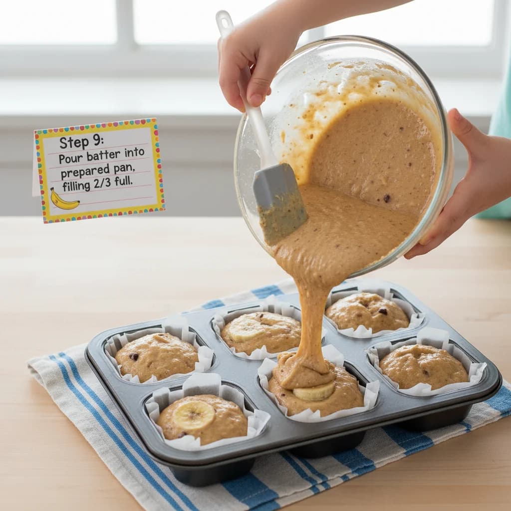 Step 9: Pour the batter evenly into the prepared mini loaf pan or muffin tin, filling each about 2/3 full. for Banana Bites Mini-Loaves
