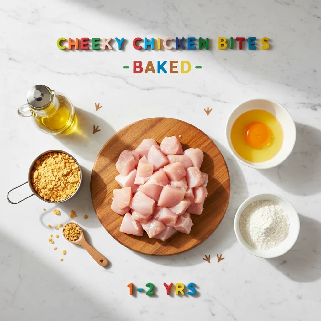 All ingredients needed for Cheeky Chicken Bites (Baked) arranged on a clean surface