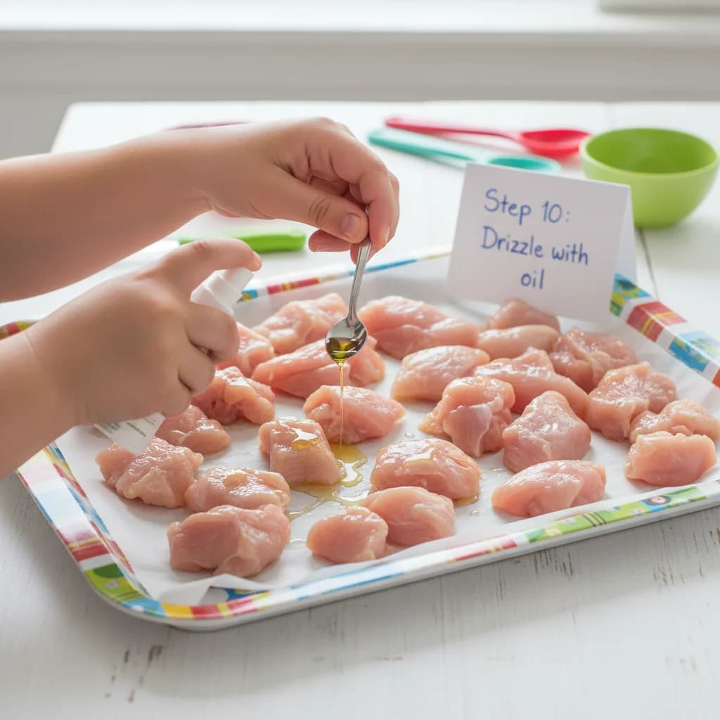 Step 10: Drizzle the chicken pieces with a teaspoon of olive oil, or lightly spray them with cooking spray. T for Cheeky Chicken Bites (Baked)