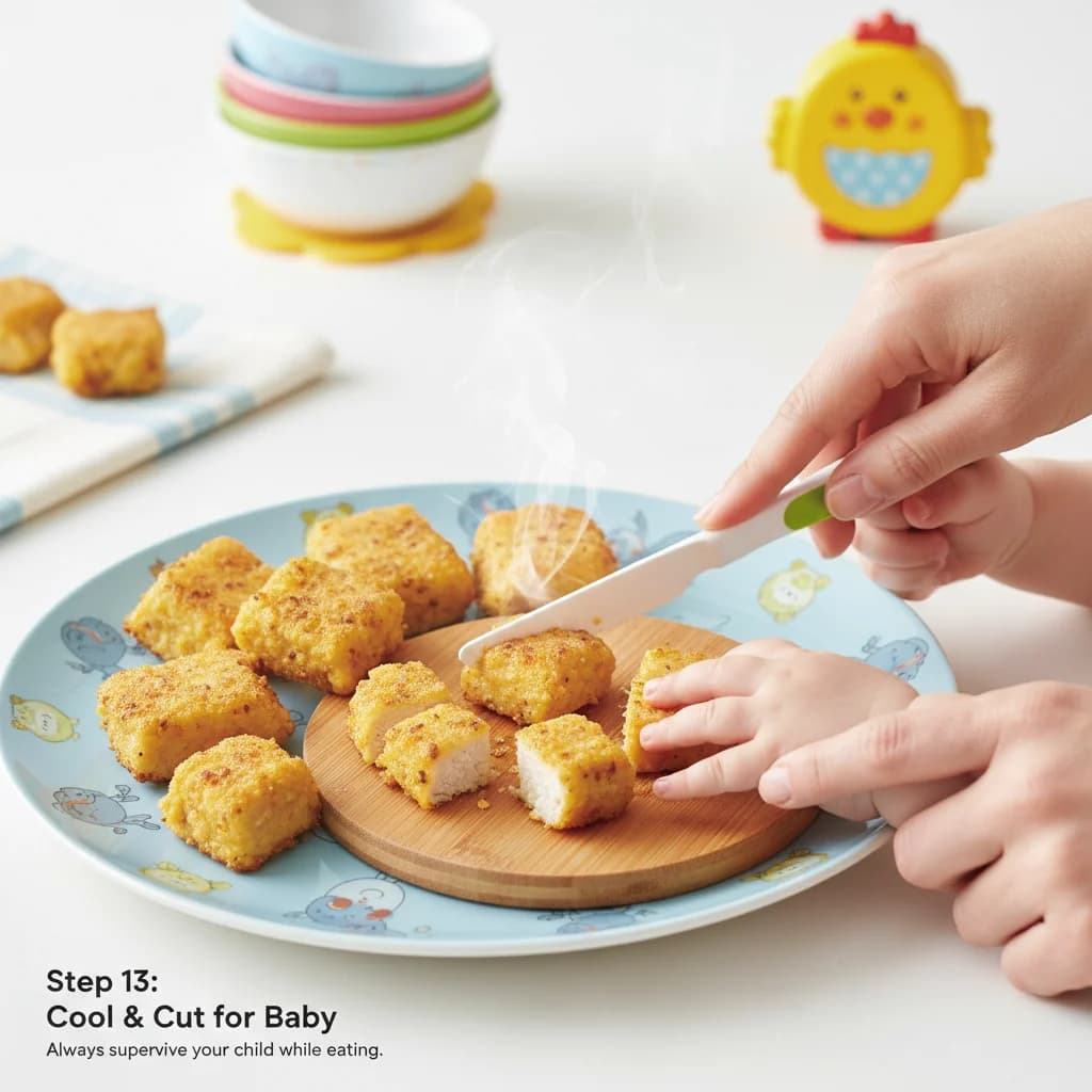 Step 13: Check the chicken bites are cool enough for baby to eat, and cut into smaller pieces if needed. Alwa for Cheeky Chicken Bites (Baked)