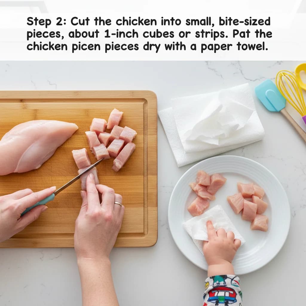 Step 2: Cut the chicken into small, bite-sized pieces, about 1-inch cubes or strips. Pat the chicken pieces for Cheeky Chicken Bites (Baked)