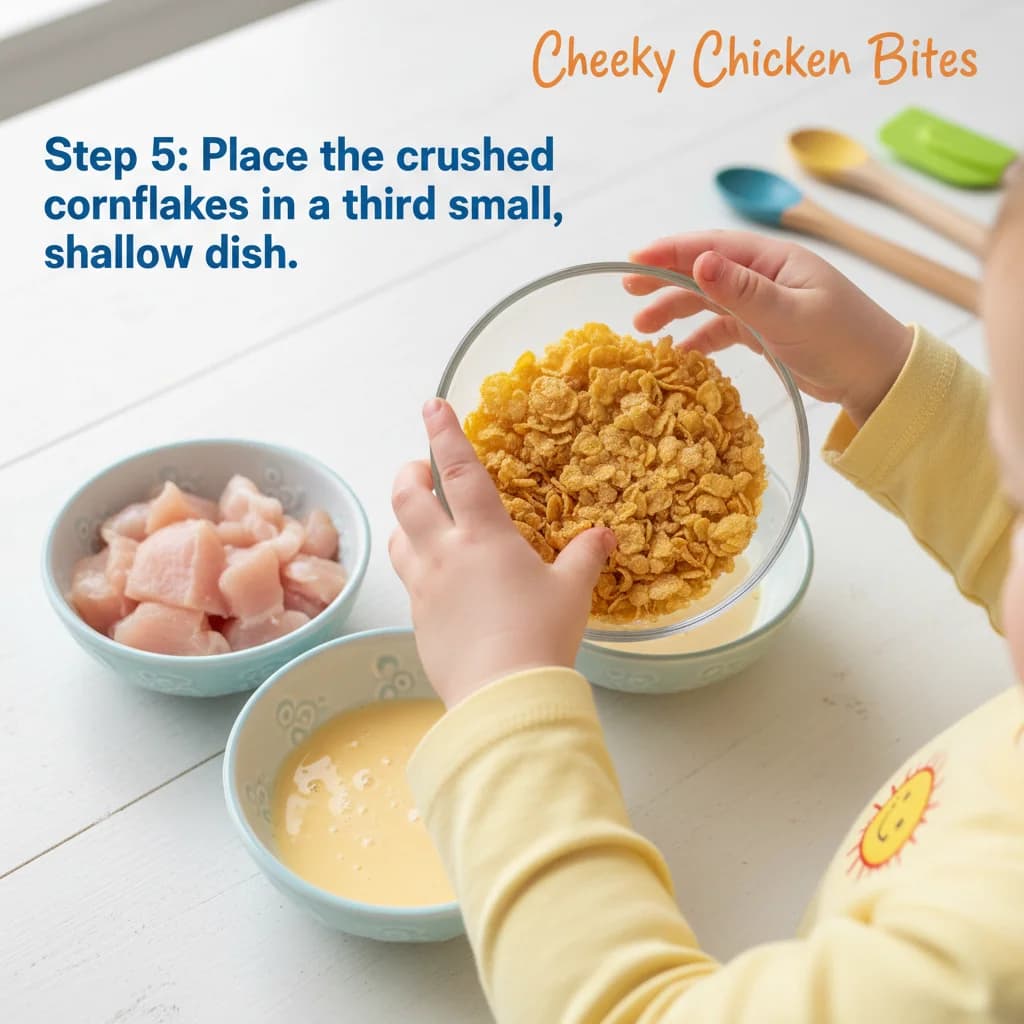 Step 5: Place the crushed cornflakes in a third small, shallow dish. for Cheeky Chicken Bites (Baked)