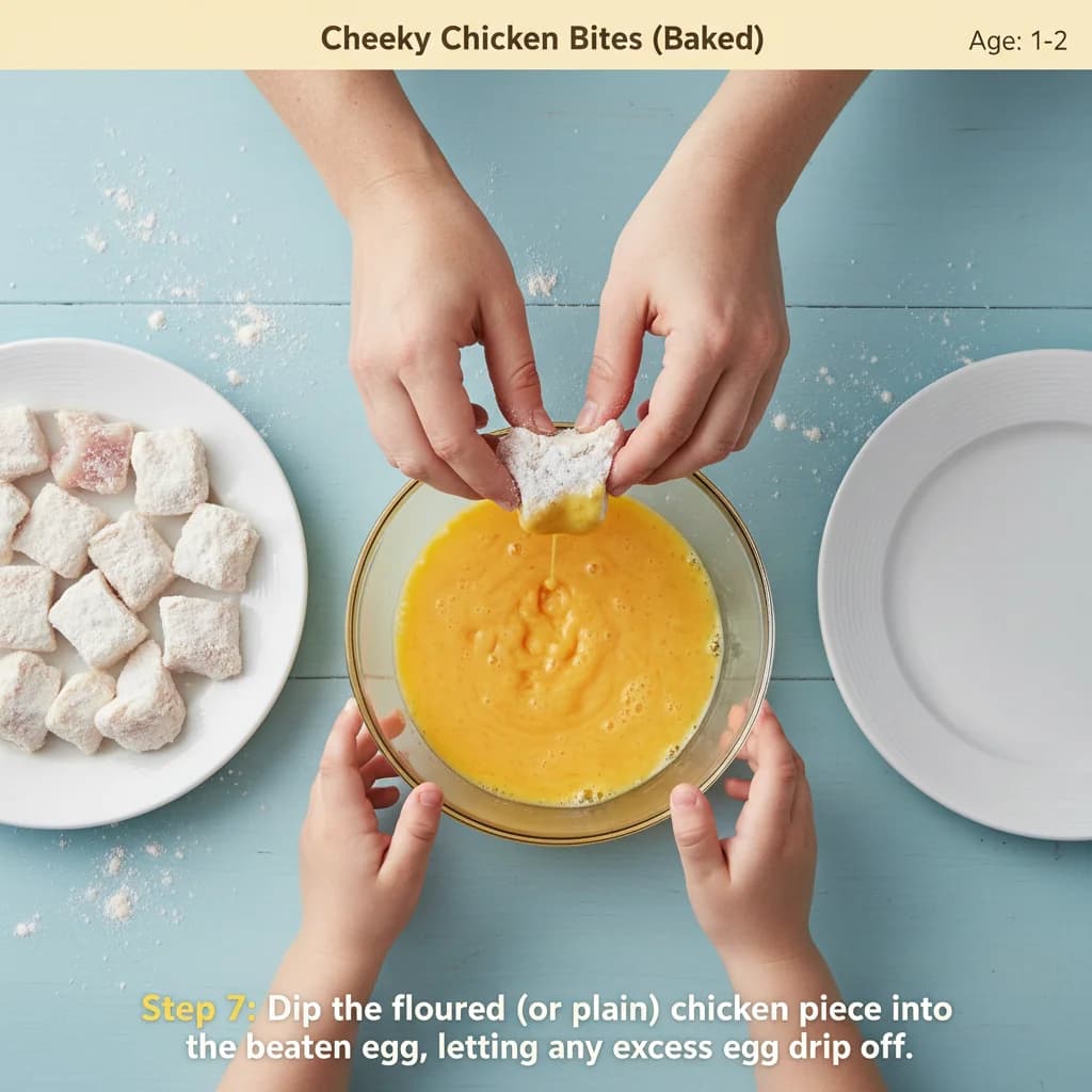 Step 7: Dip the floured (or plain) chicken piece into the beaten egg, letting any excess egg drip off. for Cheeky Chicken Bites (Baked)