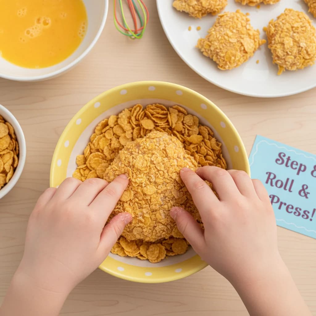 Step 8: Roll the chicken piece in the crushed cornflakes, making sure it's completely coated on all sides. G for Cheeky Chicken Bites (Baked)