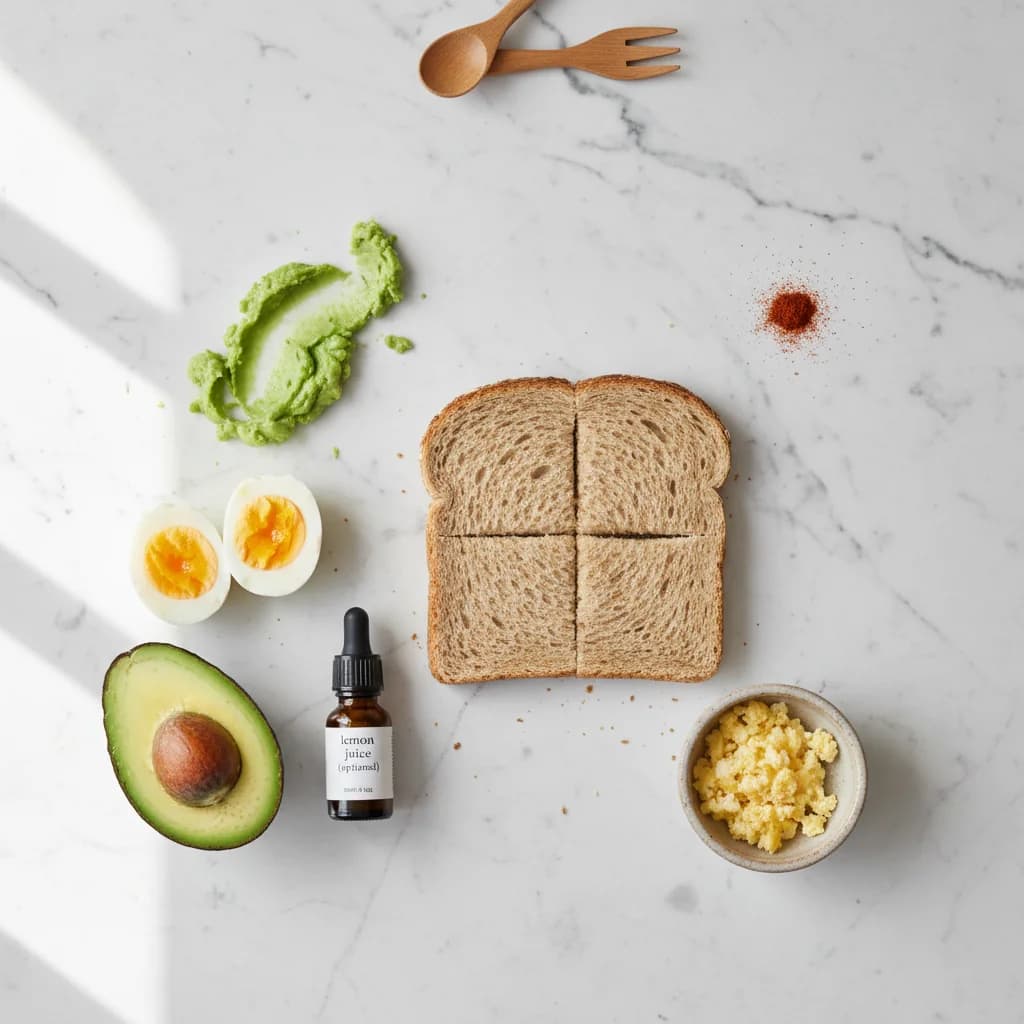 All ingredients needed for Avocado Egg Toast Bites arranged on a clean surface