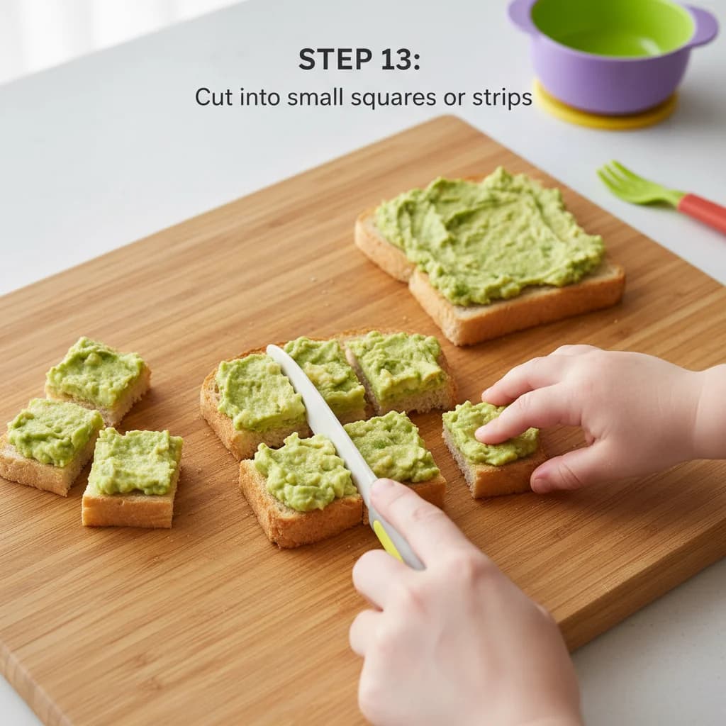Step 13: Step 12: With a knife, cut the toast into small squares or strips that are easy for your toddler to for Avocado Egg Toast Bites