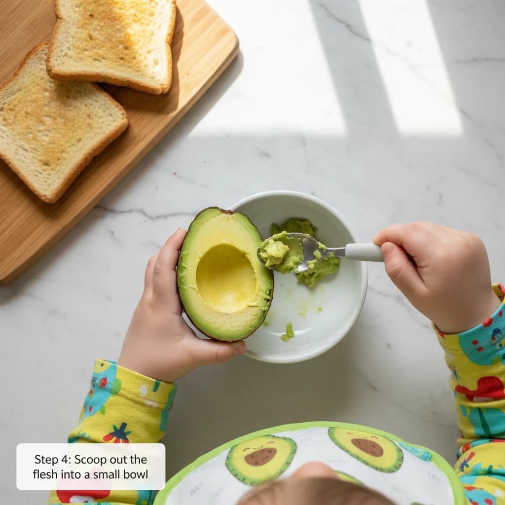 Step 4: Step 3: While the toast cools, halve the avocado and remove the pit. Scoop out the flesh into a smal for Avocado Egg Toast Bites