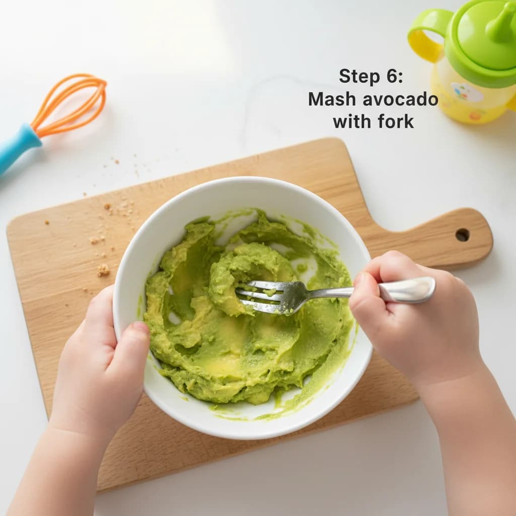 Step 6: Step 5: Mash the avocado with a fork until smooth with a few small, soft chunks. Adjust the consiste for Avocado Egg Toast Bites