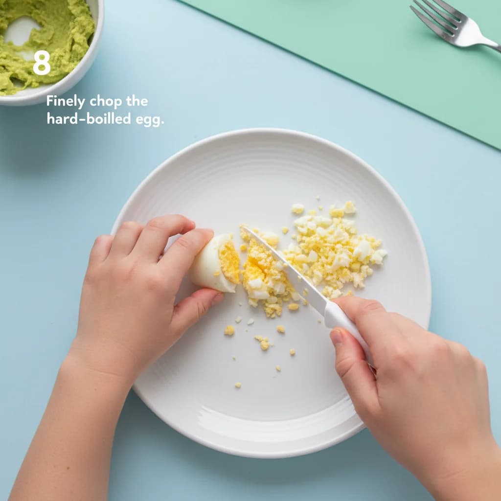 Step 8: Step 7: Finely chop the hard-boiled egg into very small pieces. Ensure there are no large chunks to for Avocado Egg Toast Bites
