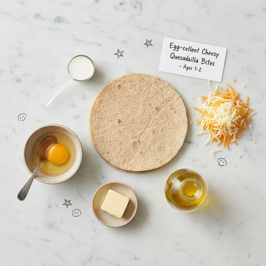 All ingredients needed for Egg-cellent Cheesy Quesadilla Bites arranged on a clean surface