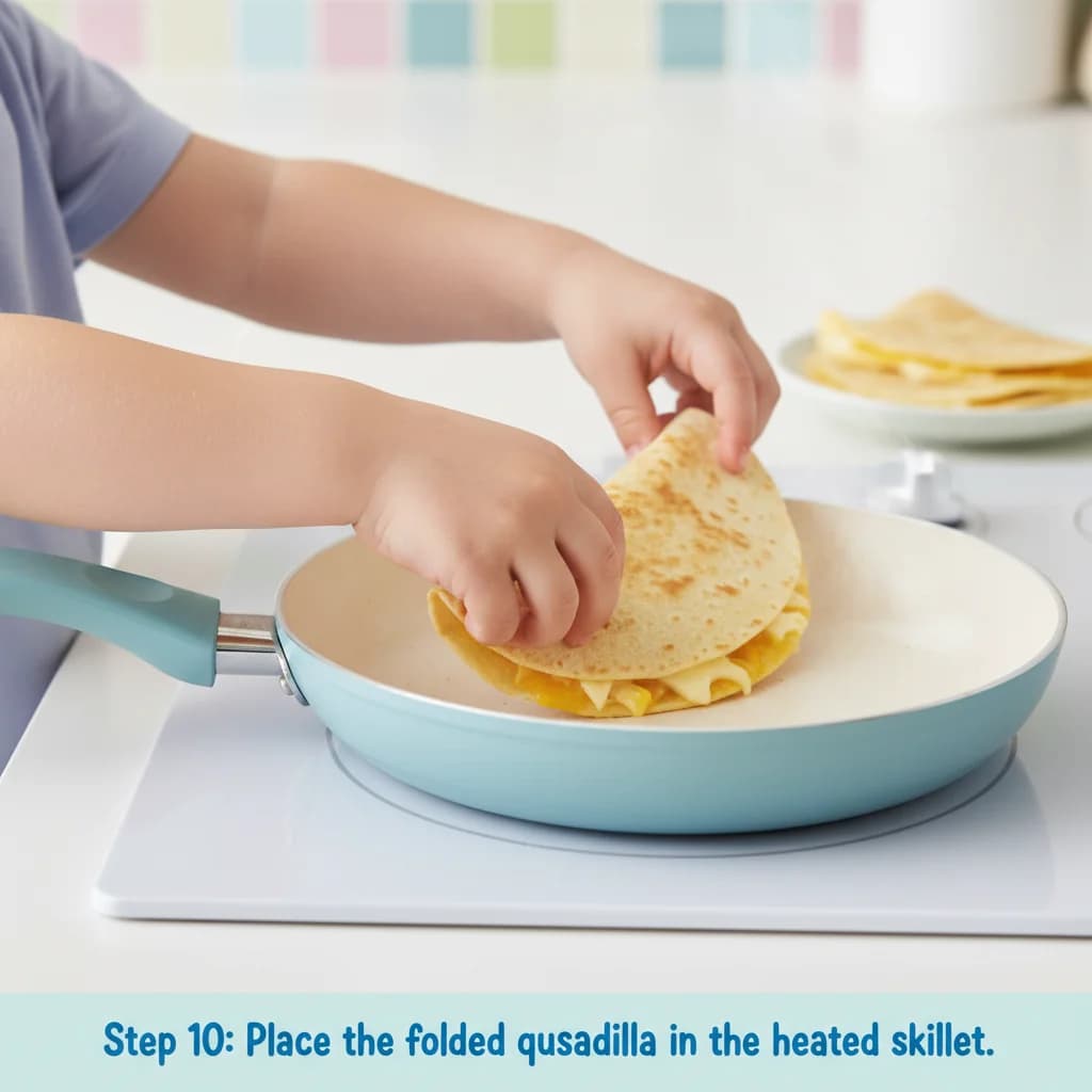 Step 10: Place the folded quesadilla in the heated skillet. for Egg-cellent Cheesy Quesadilla Bites