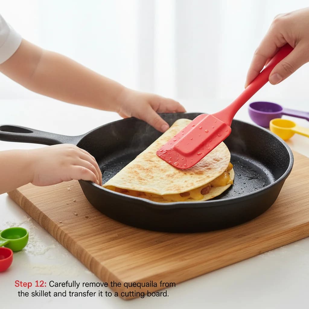 Step 12: Carefully remove the quesadilla from the skillet and transfer it to a cutting board. for Egg-cellent Cheesy Quesadilla Bites