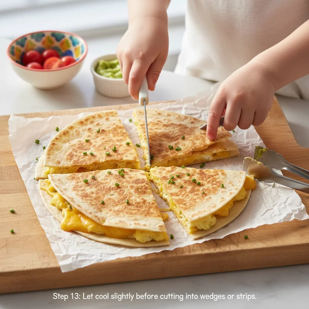 Step 13: Let the quesadilla cool slightly before cutting it into wedges or strips. For a 6-inch tortilla, 4-6 for Egg-cellent Cheesy Quesadilla Bites