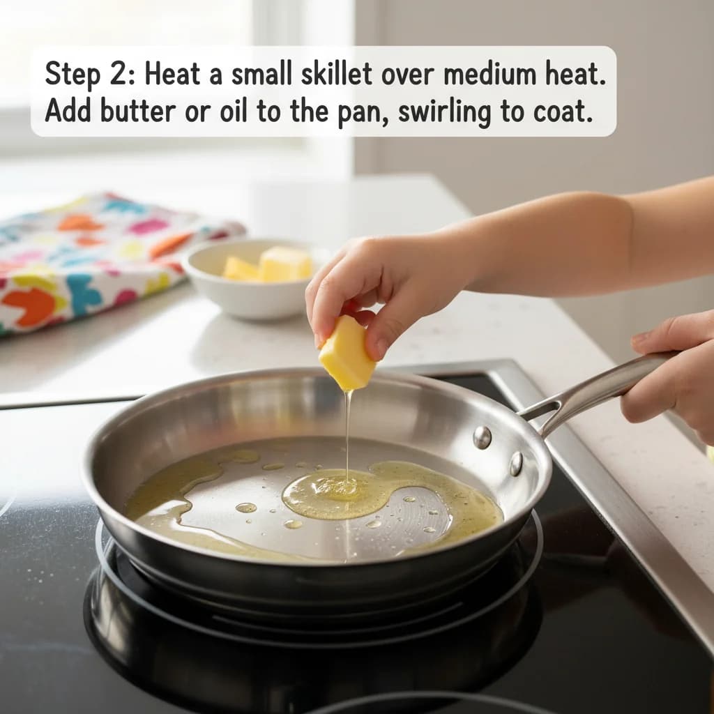 Step 2: Heat a small skillet over medium heat. Add butter or oil to the pan, swirling to coat. for Egg-cellent Cheesy Quesadilla Bites