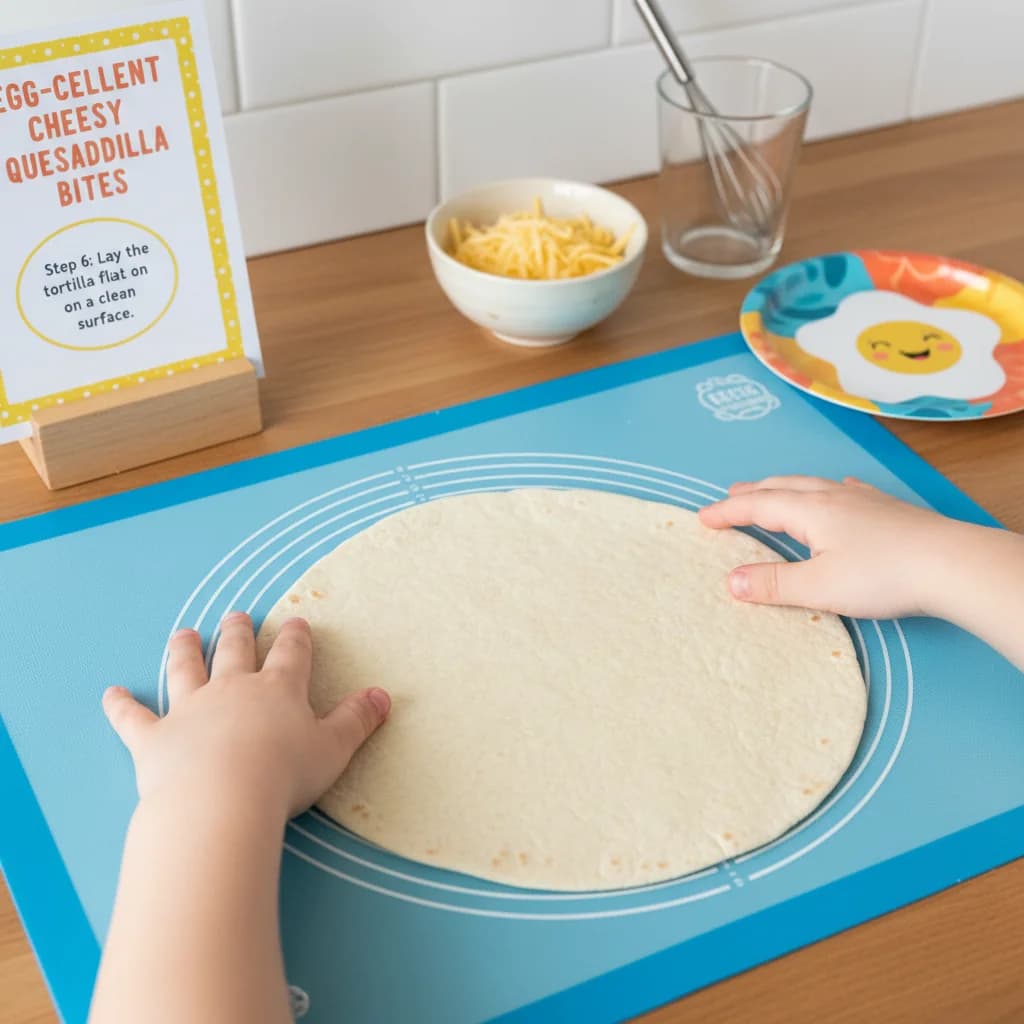 Step 6: Lay the tortilla flat on a clean surface. for Egg-cellent Cheesy Quesadilla Bites