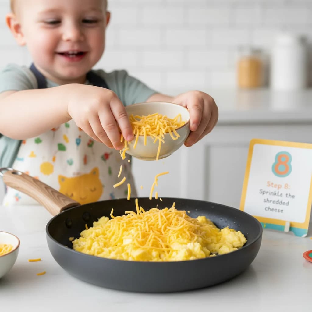 Step 8: Sprinkle the shredded cheese over the scrambled eggs. for Egg-cellent Cheesy Quesadilla Bites