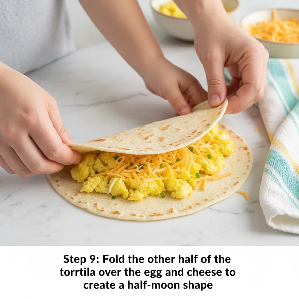 Step 9: Fold the other half of the tortilla over the egg and cheese to create a half-moon shape. for Egg-cellent Cheesy Quesadilla Bites