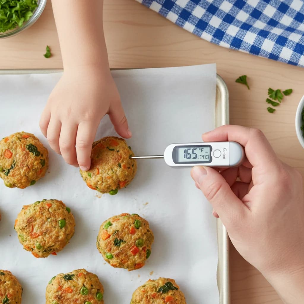Step 14: Check that the meatballs are cooked through. They should be lightly golden and firm to the touch. Th for Tiny Chicken Veggie Bites