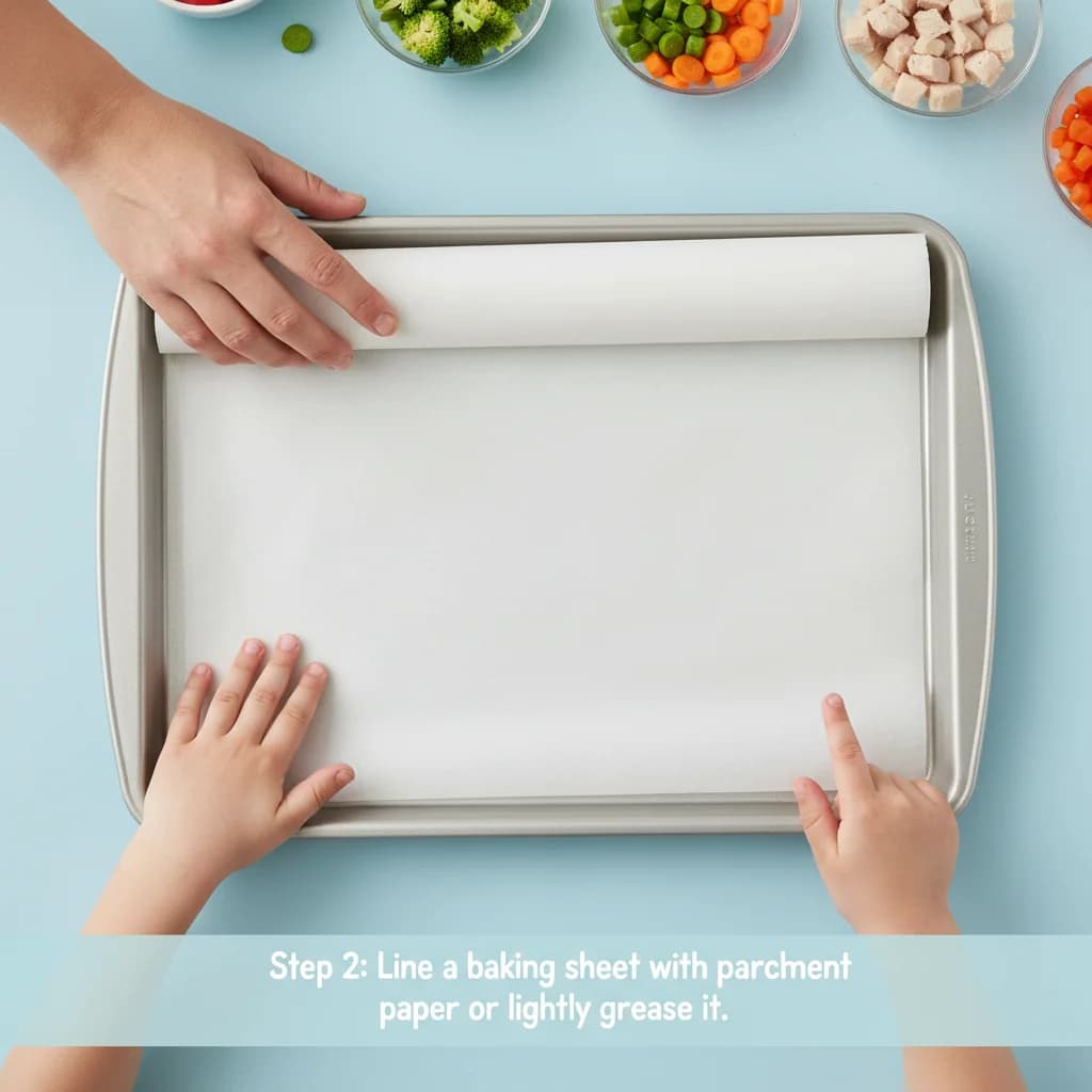 Step 2: Line a baking sheet with parchment paper or lightly grease it. for Tiny Chicken Veggie Bites