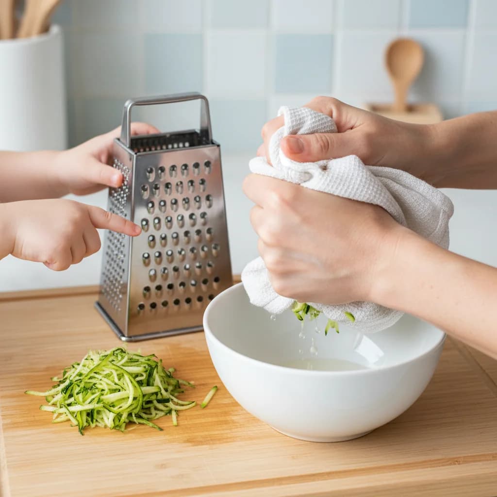 Step 3: Finely grate the zucchini. Place the grated zucchini in a clean kitchen towel and squeeze out any ex for Tiny Chicken Veggie Bites
