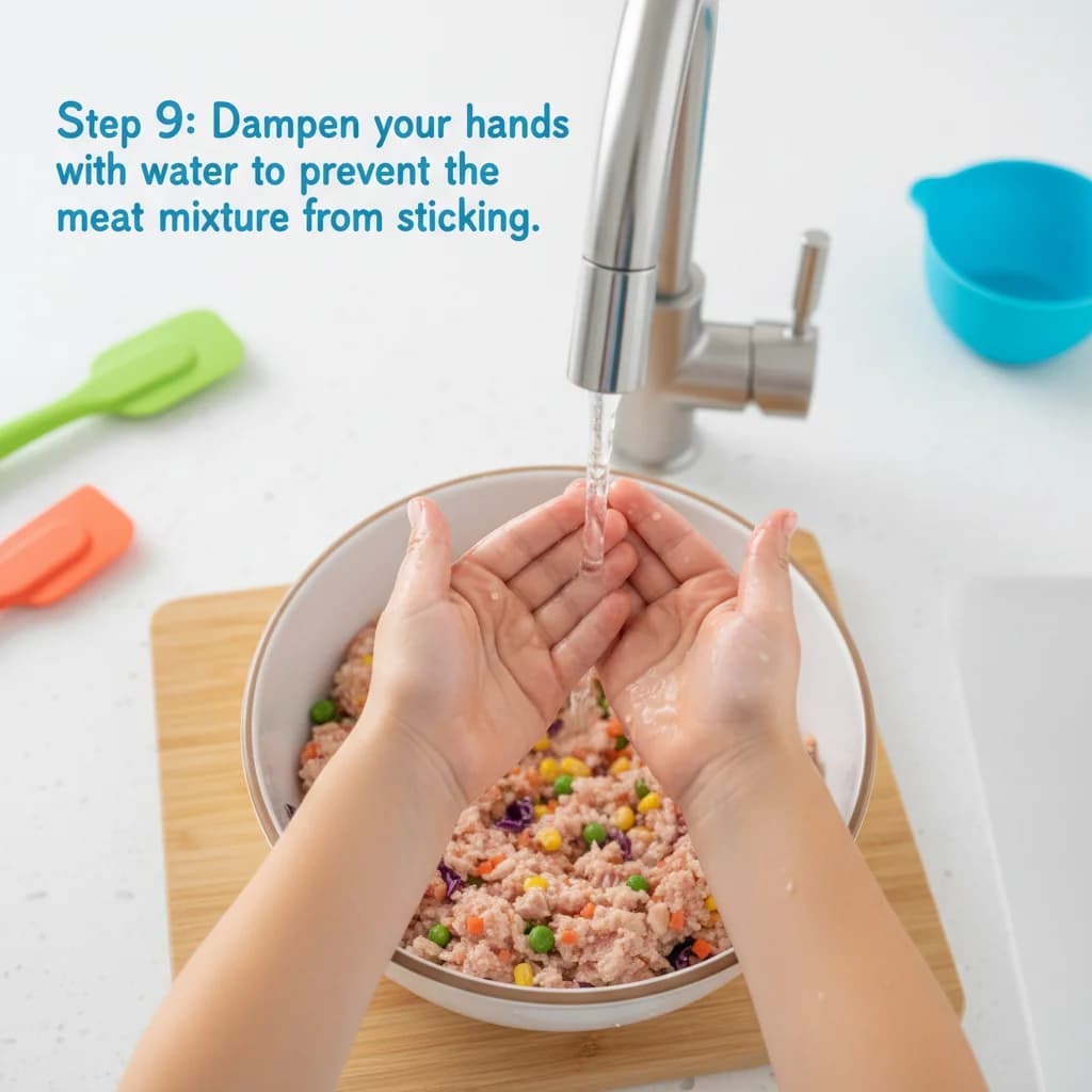 Step 9: Dampen your hands with water to prevent the meat mixture from sticking. for Tiny Chicken Veggie Bites