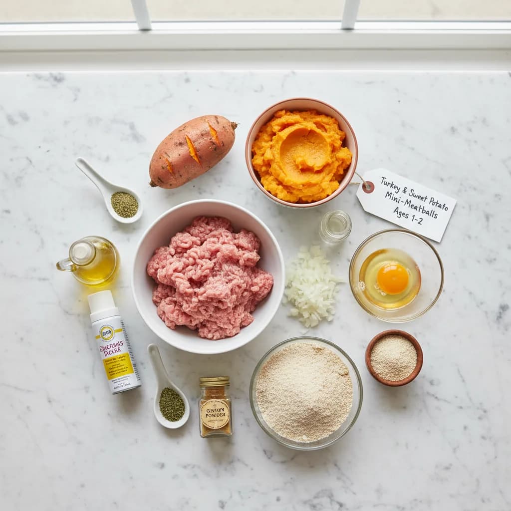 All ingredients needed for Turkey & Sweet Potato Mini-Meatballs arranged on a clean surface