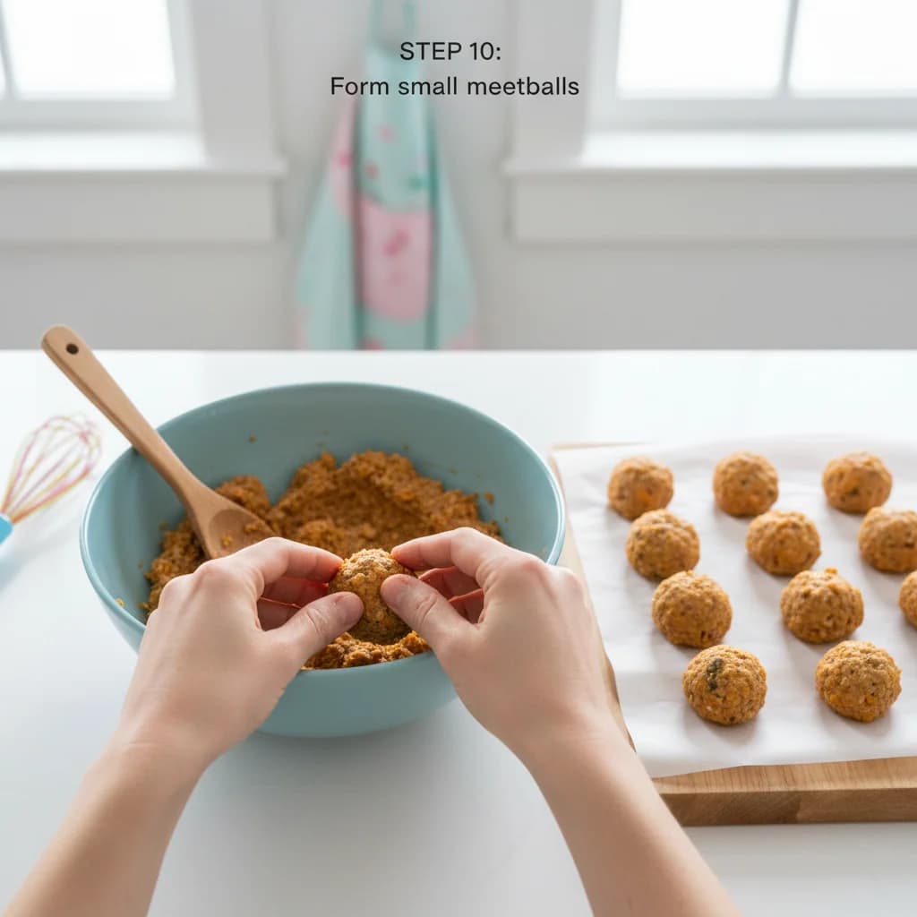 Step 10: Using a spoon or your hands, form small meatballs about 1 inch in diameter. The mixture will be soft for Turkey & Sweet Potato Mini-Meatballs