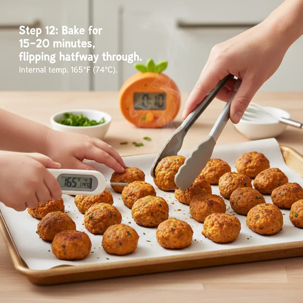 Step 12: Bake for 15-20 minutes, flipping the meatballs halfway through, until they are cooked through and li for Turkey & Sweet Potato Mini-Meatballs
