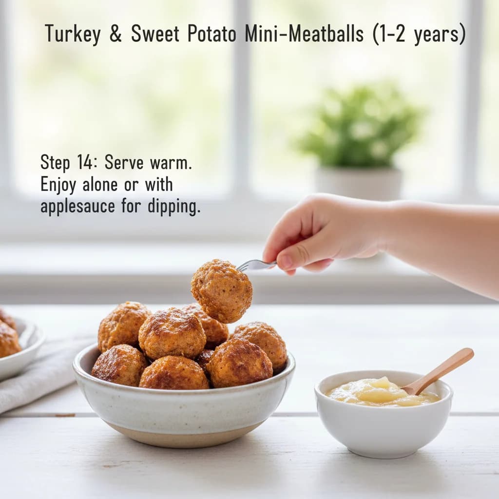 Step 14: Serve the Turkey & Sweet Potato Mini-Meatballs warm. They can be enjoyed on their own or with a side for Turkey & Sweet Potato Mini-Meatballs