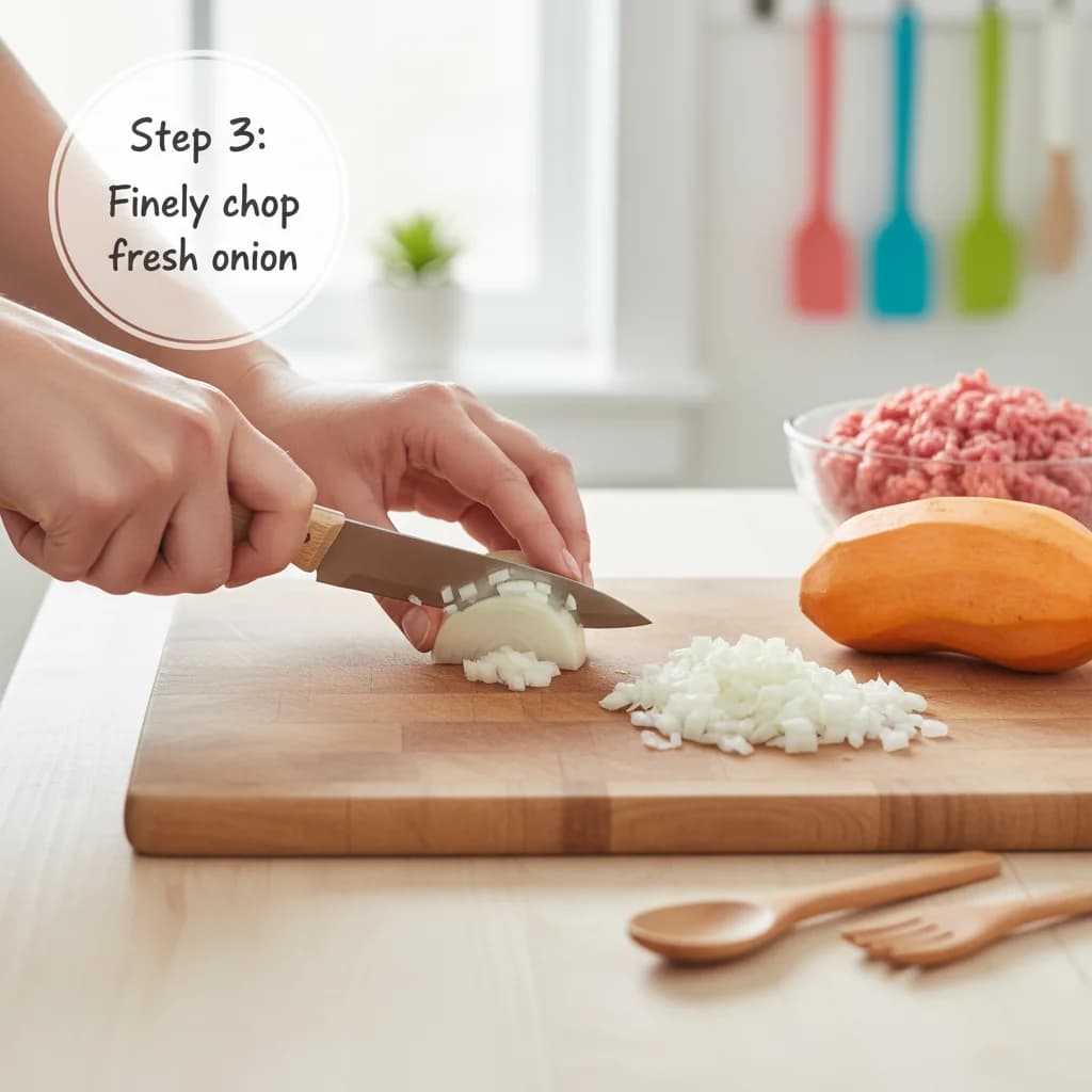 Step 3: If using fresh onion, finely chop it. This ensures it cooks through and isn't too chunky for little for Turkey & Sweet Potato Mini-Meatballs