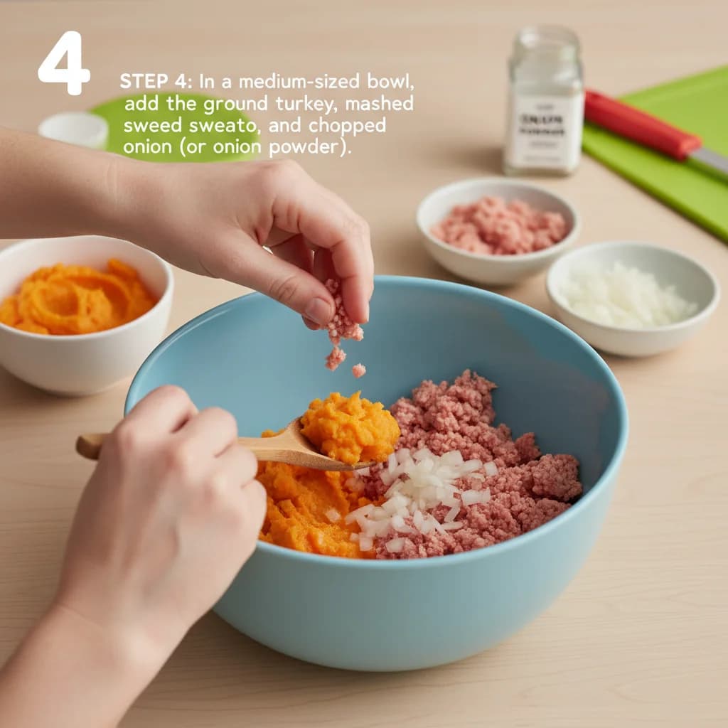 Step 4: In a medium-sized bowl, add the ground turkey, mashed sweet potato, and chopped onion (or onion powd for Turkey & Sweet Potato Mini-Meatballs