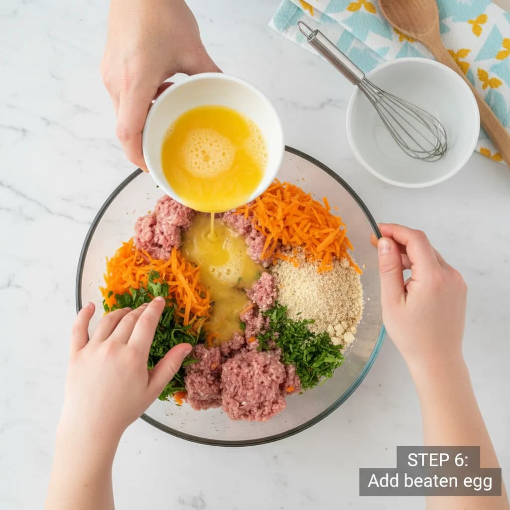 Step 6: If using egg, add the beaten egg to the bowl. The egg helps bind the meatballs, but can be omitted i for Turkey & Sweet Potato Mini-Meatballs