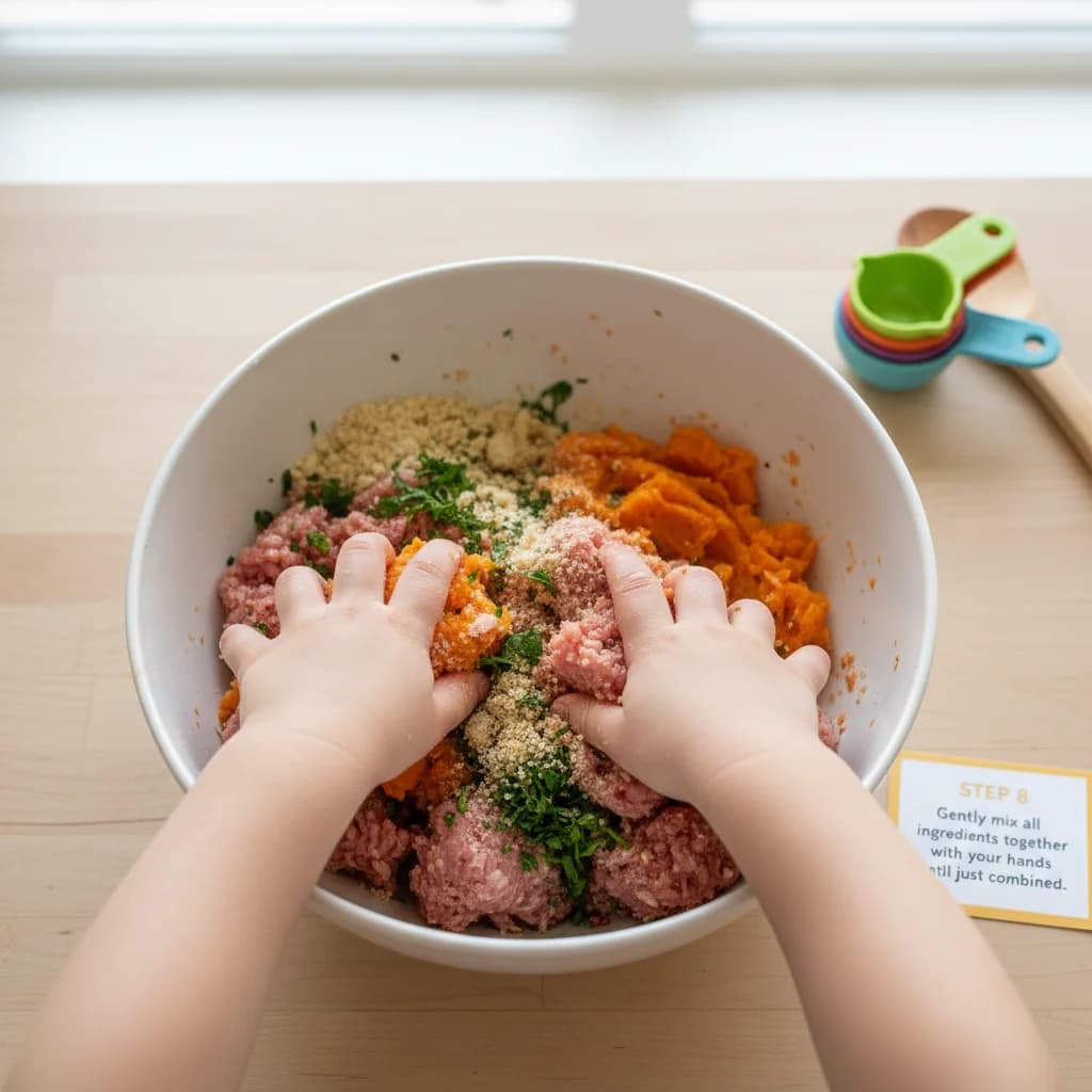 Step 8: Gently mix all ingredients together with your hands until just combined. Be careful not to overmix, for Turkey & Sweet Potato Mini-Meatballs