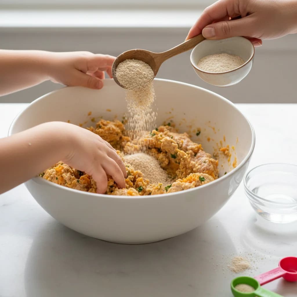 Step 9: If the mixture seems too wet, add a little more breadcrumbs or oat flour (1 tablespoon at a time). I for Turkey & Sweet Potato Mini-Meatballs