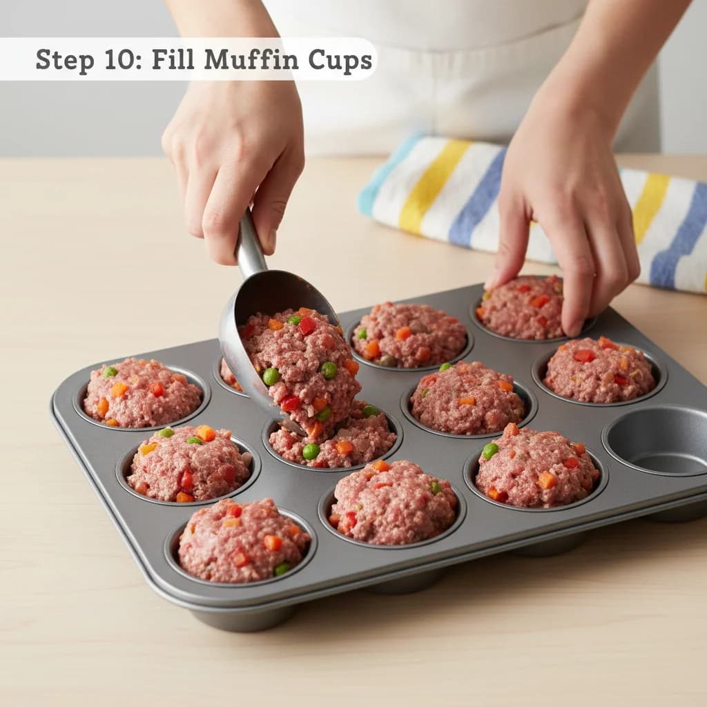 Step 10: Divide the meatloaf mixture evenly into the prepared muffin tin, filling each cup almost to the top. for Mini Beef & Veggie Meatloaf Muffins