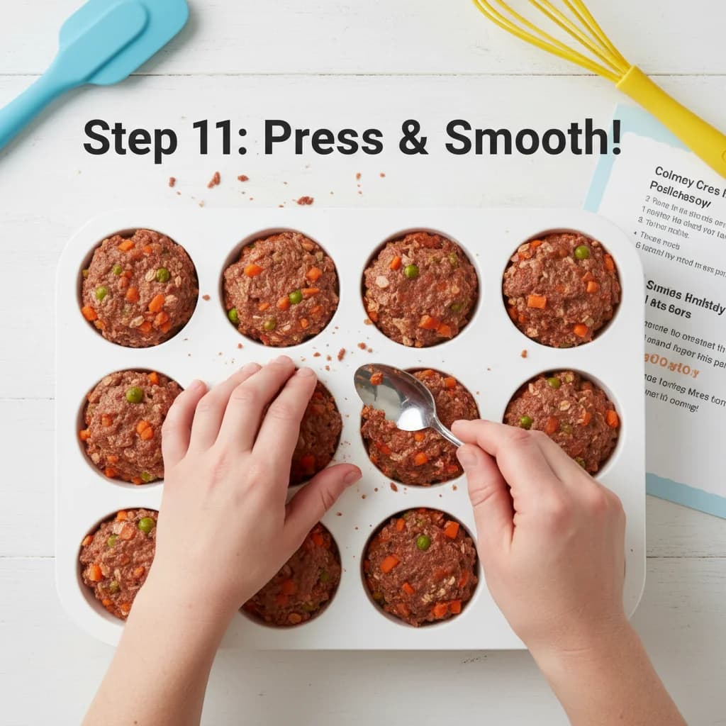 Step 11: Gently press the mixture down into each muffin cup and smooth the tops with your fingers or the back for Mini Beef & Veggie Meatloaf Muffins