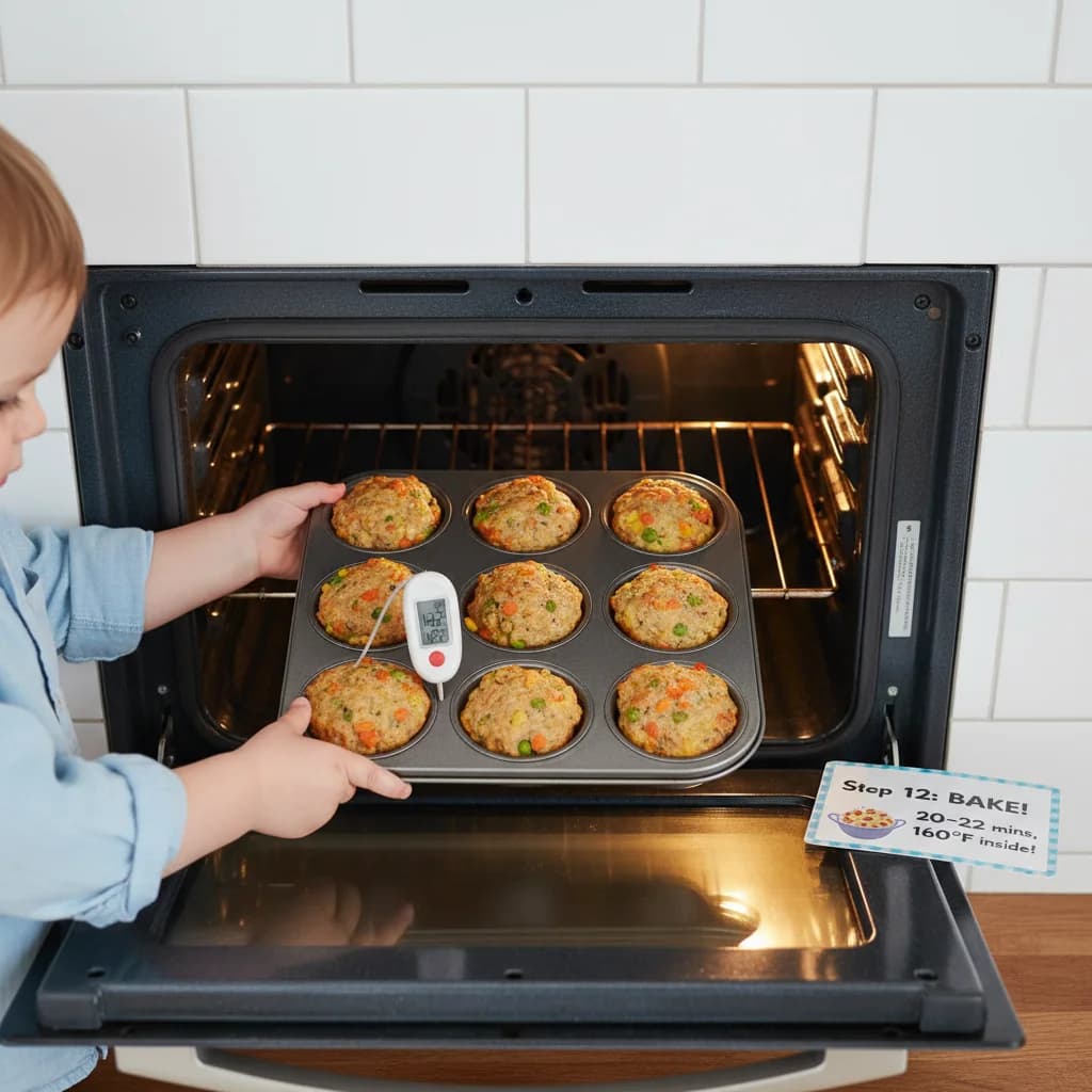 Step 12: Bake in the preheated oven for 20-22 minutes, or until the meatloaf muffins are cooked through and n for Mini Beef & Veggie Meatloaf Muffins